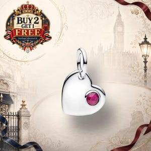 July True Red Stone Heart Charm, Sterling Silver 925 Travel Pendant, Fits Women's Snake Chain Bracelet, DIY Jewellery, Birthday Gift