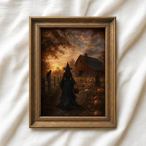 May include: A framed wall art print featuring a figure in a black dress and pointed hat walking through a pumpkin patch towards a barn at sunset. A black cat sits on a wooden fence post to the left, and orange pumpkins are scattered on the ground.