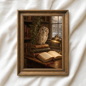 May include: A framed wall art print depicting a brown owl perched on a stack of leather-bound books in a library setting. An open book lies on a wooden desk next to a brass desk lamp, with bookshelves and a snowy window visible in the background.