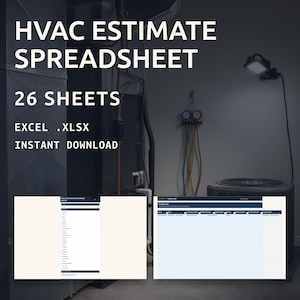 Könnte beinhalten: Eine digitale HVAC-Kostenvoranschlag-Tabelle mit 26 Blättern im Excel .xlsx-Format. Das Bild zeigt den Text HVAC ESTIMATE SPREADSHEET, 26 SHEETS, EXCEL .XLSX, INSTANT DOWNLOAD vor einem Hintergrund mit HVAC-Geräten und zwei Tabellenvorschauen.