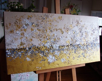 Oil Painting Flowers Gray Gold ORIGINAL Painting Oil Spring Flowers 18x36 Large Oil Painting Abstract Painting Original Modern Art - Tatjana