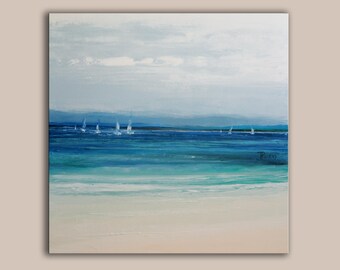Teal Blue Seascape Oil Painting 30"x30": Abstract Modern Art