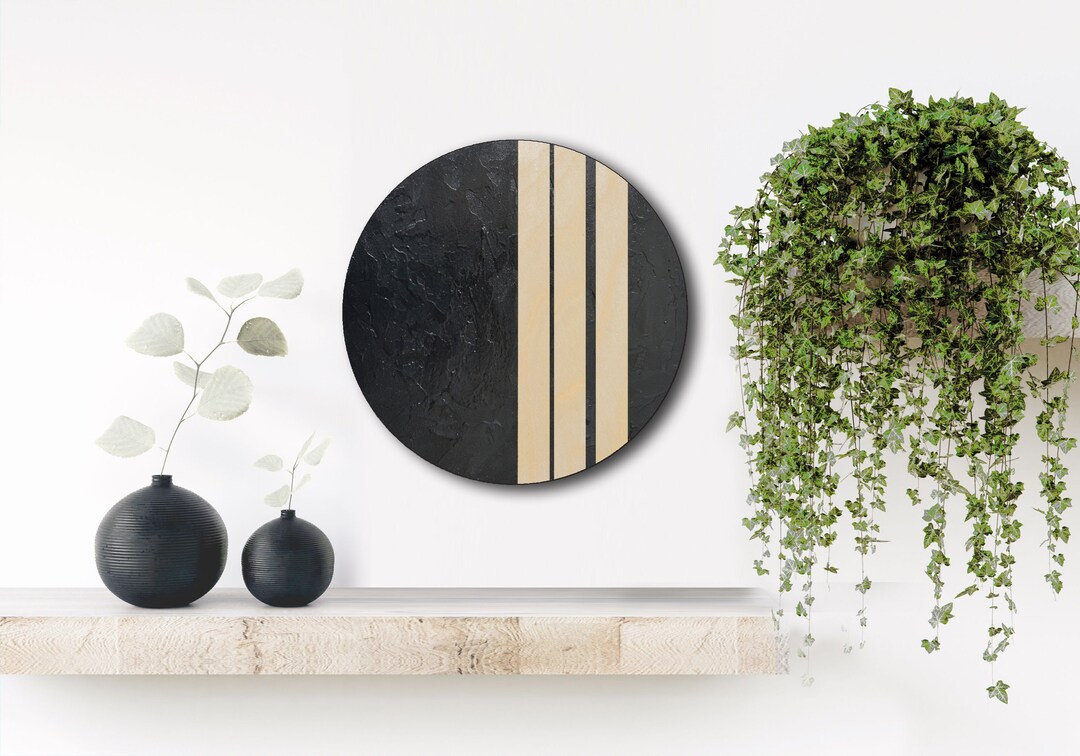 Minimalist Wall Art, Black and Wood Wall Art, Handmade, Abstract, Round
