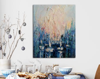 Abstract Sail boats Oil Painting 20"x16" - ORIGINAL Art Painting, palette knife