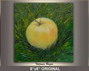 Golden Delicious Apple, 8"x8", Grass background, Original Oil Painting, Canvas Art, Kitchen Art, Canvas Artwork, Home Decor, Wall Art