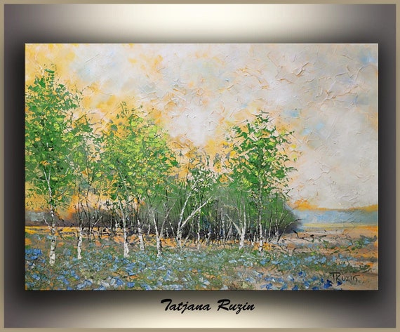 Impressionist oil painting landscape birches in the field, signed