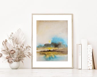 Original Abstract Watercolor Painting, Teal Blue Beige Landscape (10"X8")