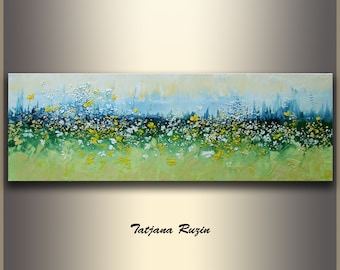 Landscape Painting, Meadow Flowers, Abstract Landscape Art, Oil Painting, palette knife, Green,Floral Art,Christmas Gift, Large Painting