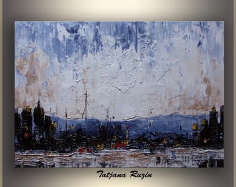 Mountain City, Abstract, Oil Painting, Blue, Art, ORIGINAL Abstract Painting, Impressionist, palette knife, Made to order