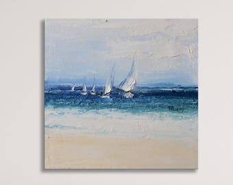 Blue Seascape Painting: Modern Abstract Sailboat Art
