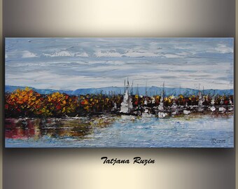 Seascape, Harbor, Abstract, Oil Painting, Blue Brown, Art, ORIGINAL Abstract Painting, Impressionist, palette knife, Made to order