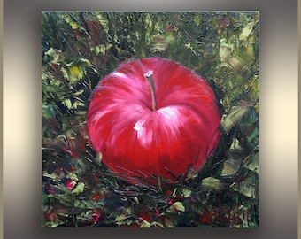 Miniature Art, Pink Lady Apple, 8"x8", red, Original Oil Painting, Valentines Day gift, Small painting, Canvas Art, Kitchen Art, Home Decor