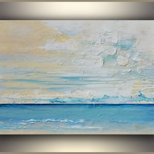 May include: Abstract painting of a seascape with a blue ocean and a light blue and white sky. The painting has a textured surface and is signed "Trudeau" in the lower right corner.