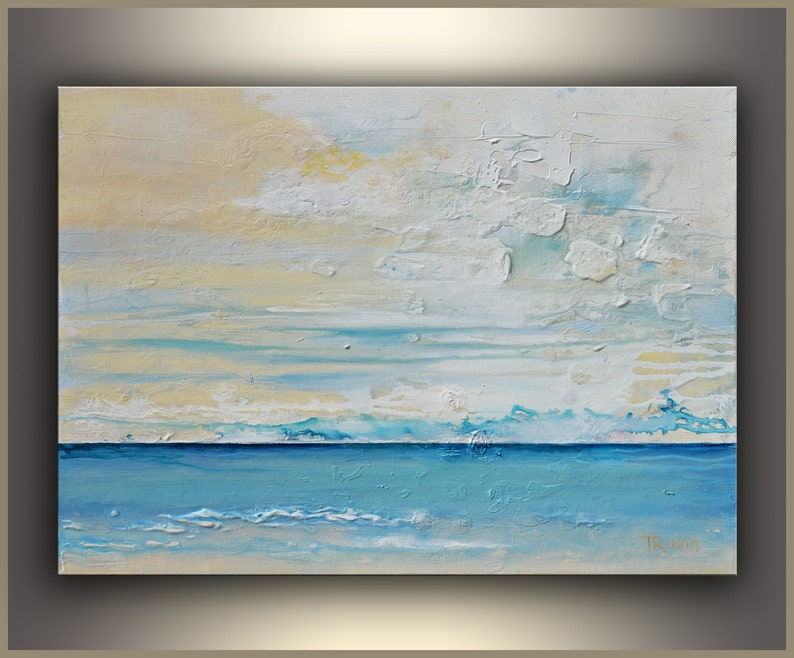 May include: Abstract painting of a seascape with a blue ocean and a light blue and white sky. The painting has a textured surface and is signed "Trudeau" in the lower right corner.