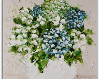Blue, Hydrangea in Vase, Flowers, Abstract, Art painting, Floral Painting, Original Art, Acrylic Painting, Palette knife, Gift for her