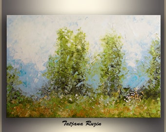 Original, Artwork, Handmade, Oil Painting, Green, Blue, Art, for sale, Abstract Landscape Painting, Impressionist, palette knife, wall art