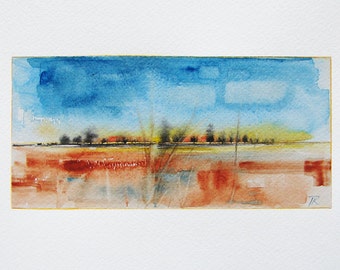 8"X4" Art Original Watercolor painting - abstract painting - autumn landscape skyline