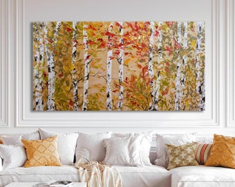 Birch Trees Original Oil Painting 20"x40", Wood Panel: Abstract Landscape Art