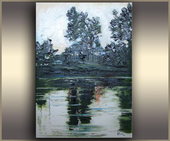 Oil Painting,Landscape Art, Beside The Lake, Green, ORIGINAL Art, Cottage, Impressionist,palette knife, Thanksgiving Gift, Made to order