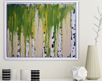 Original Framed Landscape Birch Tree Painting: Handmade Wall Art