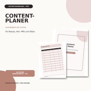 Könnte beinhalten: Ein digitaler Content-Planer als PDF-Vorlage mit einem 30-Tage-Planungsraster, hellrosa Zeilen und dunklen Kopfzeilen. Das Dokument enthält ein Deckblatt für Beauty-, Haar-, PMU- und Tattoo-Studios, formatiert für den A4-Druck.