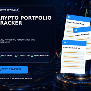 May include: A digital Krypto Portfolio Tracker with a dark blue interface featuring white text, blue buttons, and three stacked document icons labeled 01, 02, and 03. The text includes Sofort-Download, Krypto Portfolio Tracker, Käufe, Allokation, Performance und Rebalancing, PDF + Excel, Klar Erklärt, Premium Design, Jetzt Starten, and Digitalkaiserde.