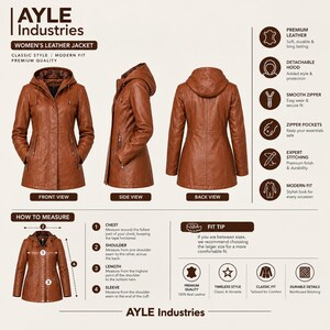 May include: A brown leather jacket with a detachable hood, front zipper closure, and zippered pockets. The image displays front, side, and back views, along with text detailing features like premium leather, expert stitching, and a guide on how to measure.
