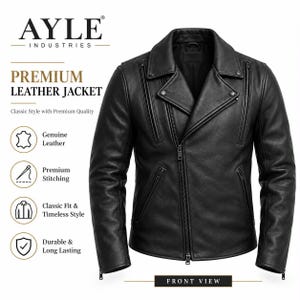 May include: A black leather jacket featuring a notched lapel, an asymmetrical front zipper closure, and multiple zippered pockets on the chest and waist. The text AYLE INDUSTRIES PREMIUM LEATHER JACKET FRONT VIEW is visible.