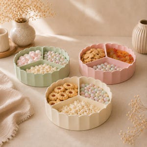 May include: Three round, scalloped-edge serving trays in sage green, soft pink, and cream. Each tray is divided into three equal sections, filled with assorted small snacks like marshmallows, popcorn, cookies, and colorful candies.