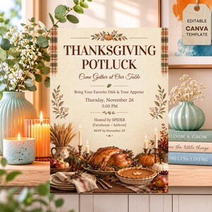 May include: A Thanksgiving potluck invitation template featuring a cream background with brown text, a roasted turkey, a pie, and autumn foliage. The text reads Thanksgiving Potluck, Come Gather at Our Table, Thursday, November 26, 5:00 PM, Hosted by SPIDER, and RSVP by November 20.