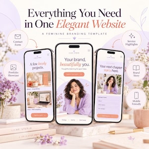 May include: Three smartphones displaying a website template with the text Everything You Need in One Elegant Website and A Feminine Branding Template. The screens show Lilac Studio branding, portfolio projects, and contact forms in soft lilac tones.