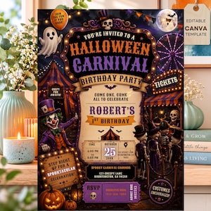 May include: A Halloween carnival birthday party invitation template featuring a clown, skeletons, a pumpkin, and a Ferris wheel. The text reads You're Invited to a Halloween Carnival Birthday Party, Robert's 1st Birthday, October 25, and RSVP details.