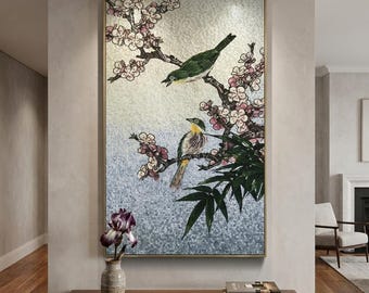 Handgefertigtes Marmormosaik-Wandbild mit Kirschblüten und Vögeln