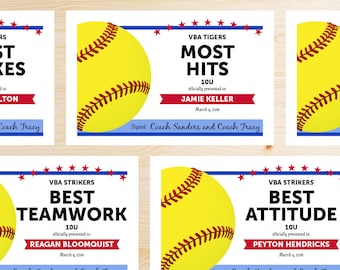 TEAM COLORS Softball Award Certificates - Instant Download Printable PDF - Red, Royal and Light Blue - Editable Award Certificates Template