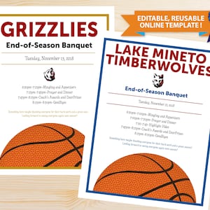 May include: Two printable end-of-season basketball banquet invitations. The top invitation is for the Grizzlies and the bottom invitation is for the Lake Mineto Timberwolves. Both invitations feature a basketball with orange and brown coloring.