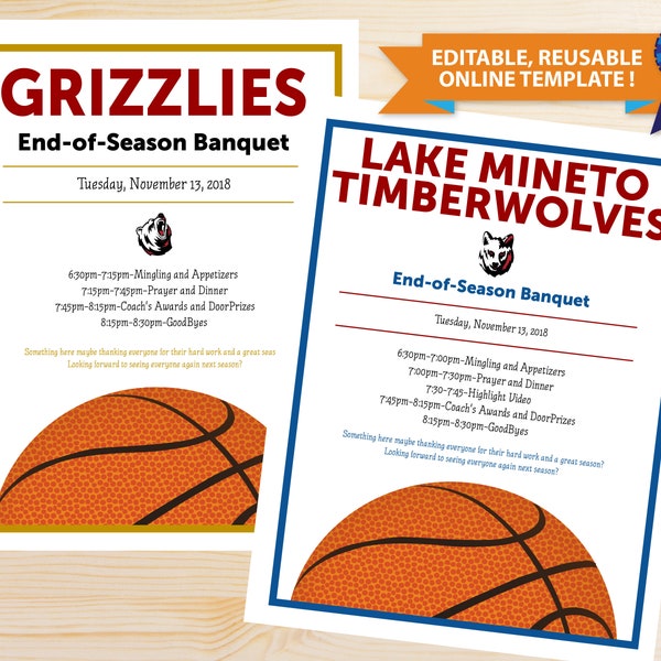 EDITABLE COLORS Basketball Banquet Programs | Editable Online Template | Fast, Easy, Completely Customizable