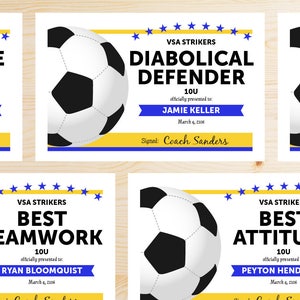 TEAM COLORS Editable Soccer Awards Certificates - Instant Download  PDF - Royal Blue and Yellow Gold Award Certificate Template