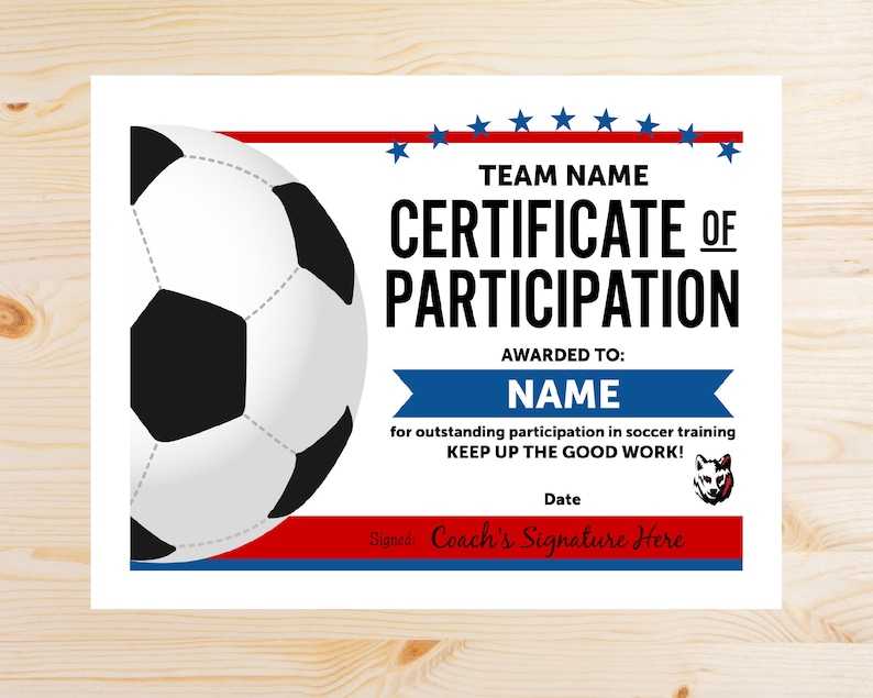 Editable Soccer Participation Award Certificates Online Etsy