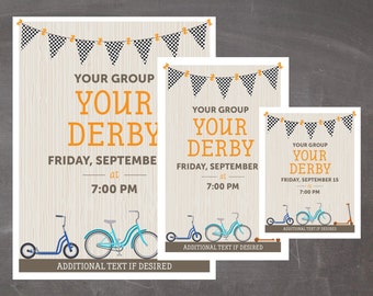 Editable Scooter Bicycle Derby Invitations, Flyers and Hand-outs - INSTANT DOWNLOAD PRINTABLE - Blue and Orange