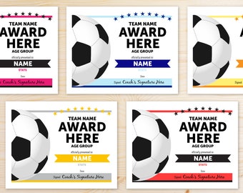 EDITABLE COLORS Soccer Awards Certificates | Online Template | Fast Easy Printable | Soccer Award Certificate End of Season