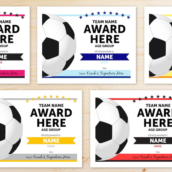 COULEURS MODIFIABLES Certificats Soccer Awards | Modèle en ligne | Rapide Facile Imprimable | Certificat de récompense de football en fin de saison