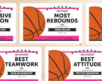 Editable Basketball Award Certificates - INSTANT DOWNLOAD PRINTABLE - Hot Pink and Black