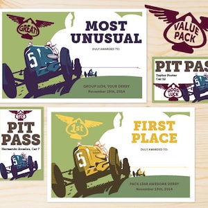 May include: Four colorful award certificates with a vintage racing car theme. The certificates feature the words "Most Unusual", "First Place", "Pit Pass", and "Value Pack".