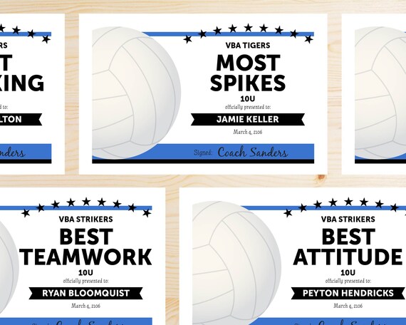 editable volleyball award certificates instant download printable black and blue editable award certificates