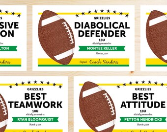 TEAM COLORS Editable Football Awards Certificates - Instant Download Printable PDF - yellow and green printable - Editable