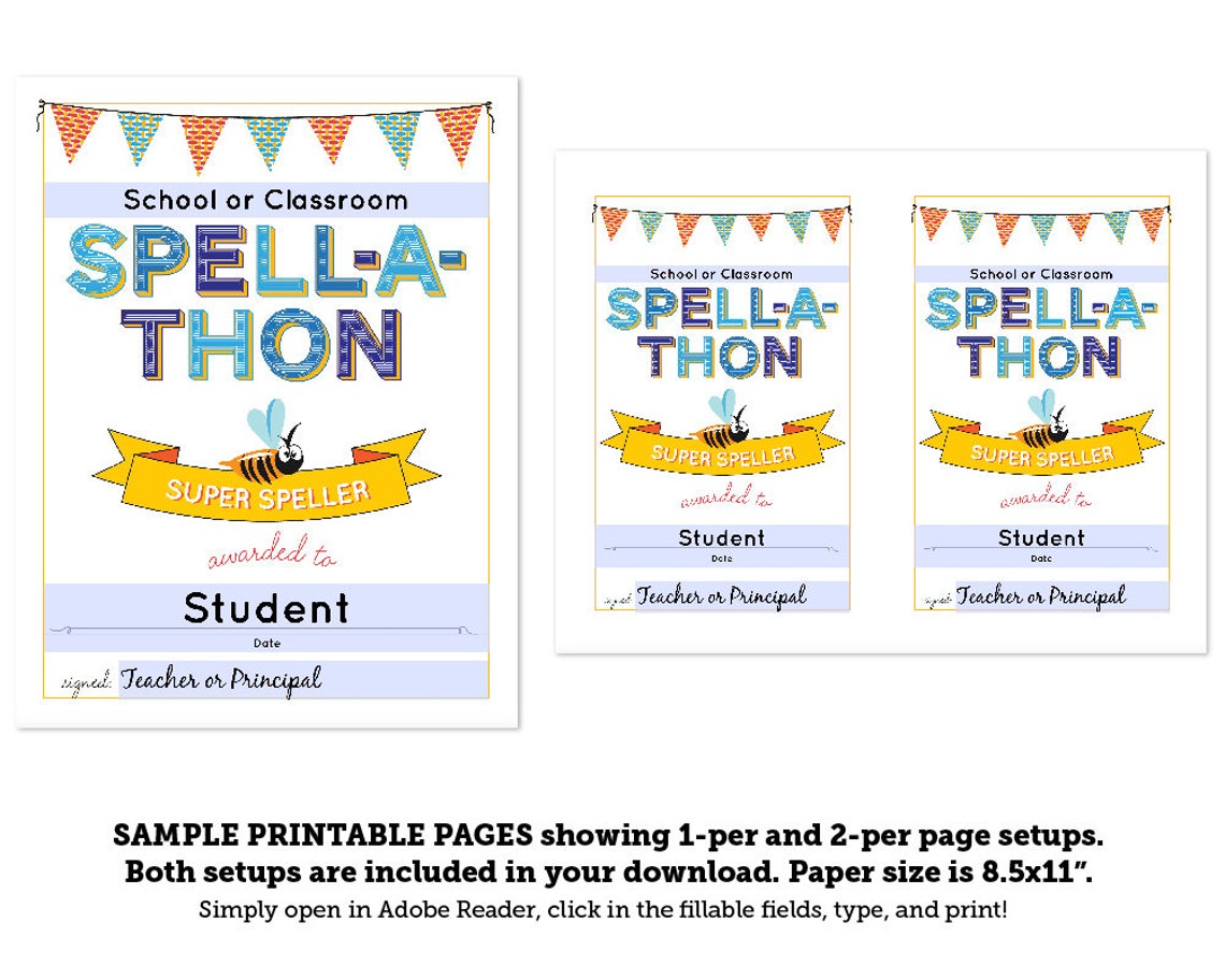 Basic Spellathon Questions Spell A Thon Awards Certificates - INSTANT DOWNLOAD PRINTABLE - Etsy