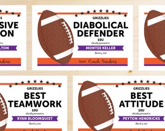 TEAM COLORS Editable Football Awards Certificates - Instant Download Printable PDF - Purple and Orange - Editable