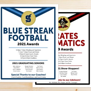 May include: Two blue and red award certificates for the Blue Streak Football and Pirates Matics teams. The certificates list the 2021 graduating seniors and the schedule for the awards ceremony. The certificates feature a blue and gold lightning bolt and a red and black pirate logo.