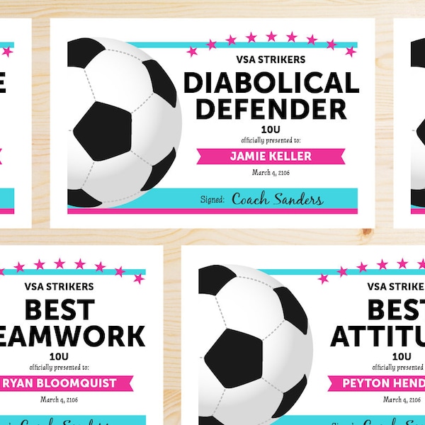 TEAM COLORS Editable Soccer Awards Certificates - Instant Download  PDF - Hot Pink and Turquoise Blue: Printable Award Certificate Template