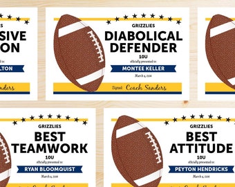 TEAM COLORS Editable Football Awards Certificates - Instant Download Printable PDF - Navy Dark Blue and Yellow Maize Gold - Editable